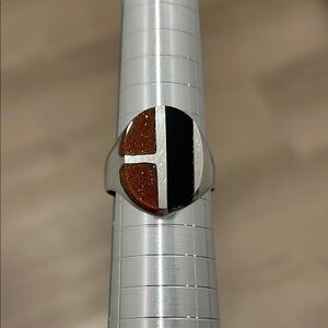 Black and Orange Glitter 925 Silver Ring Size 6.75